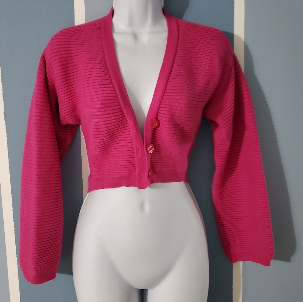 Sofia by Sofia Vergara Fuschia Pink Ribbed Cropped Cardigan. Size Lg